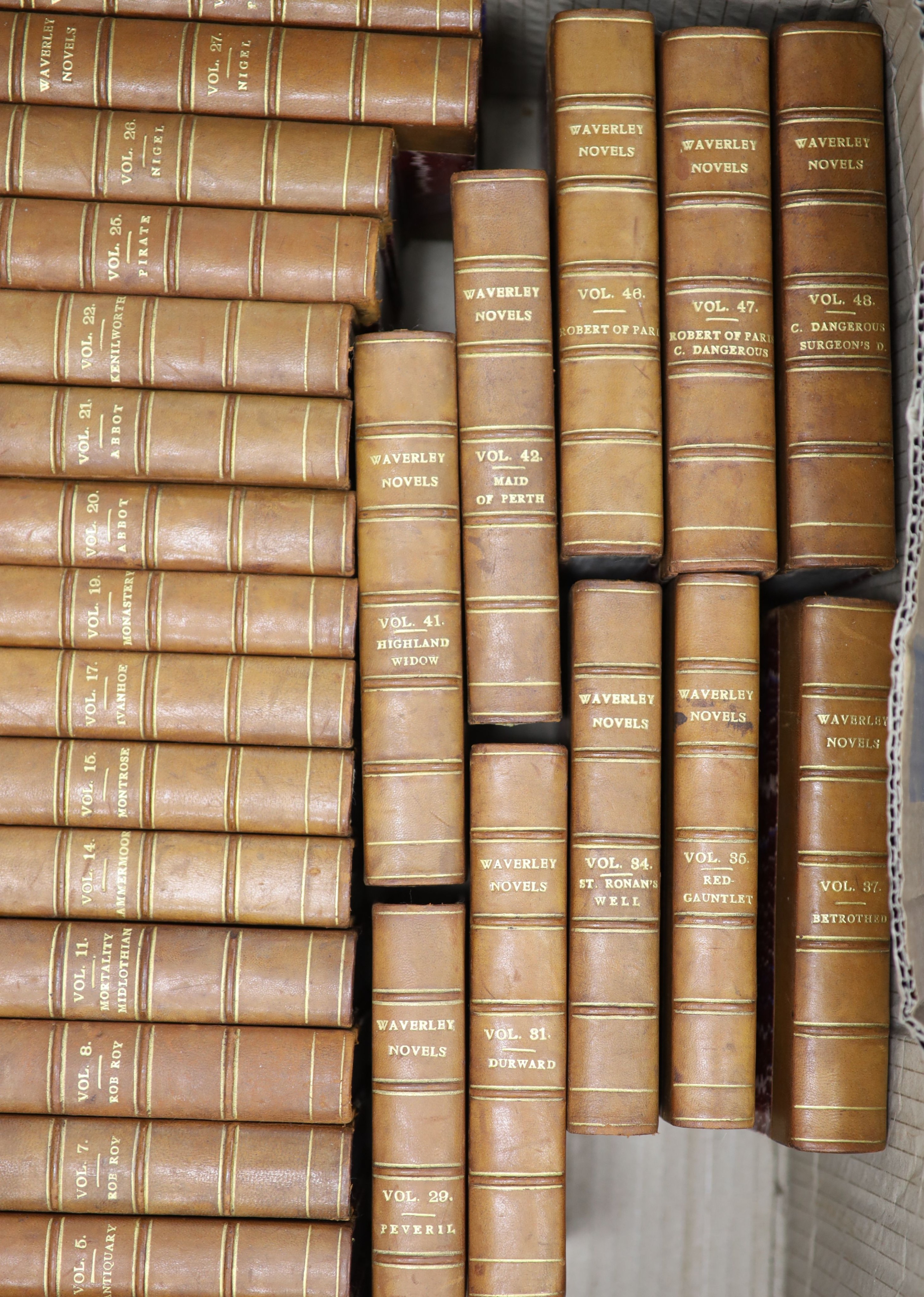 Anon. (Sir Walter Scott) - Waverly Novels. 48 vols. Each complete with an engraved frontispiece and title page vignette, with guards. Half calf and marble boards, gilt ruled and panelled spines with letters direct. Marbl
